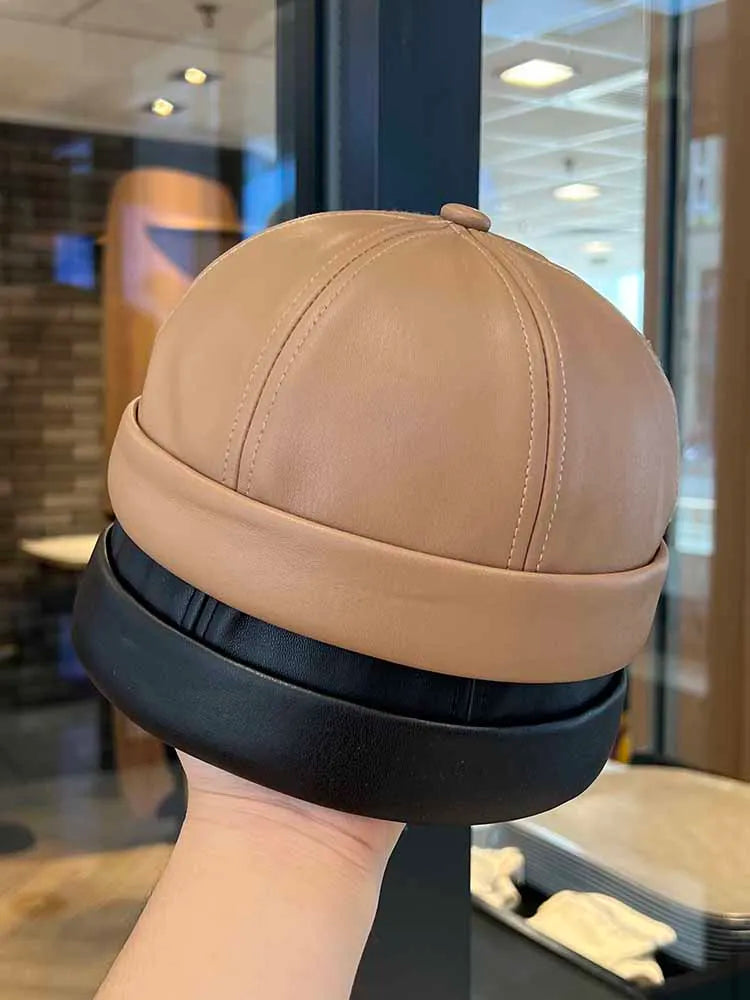 Spring and summer vintage leather landlord hat with adjustable hip hop and brimless melon skin hat suitable for men and women