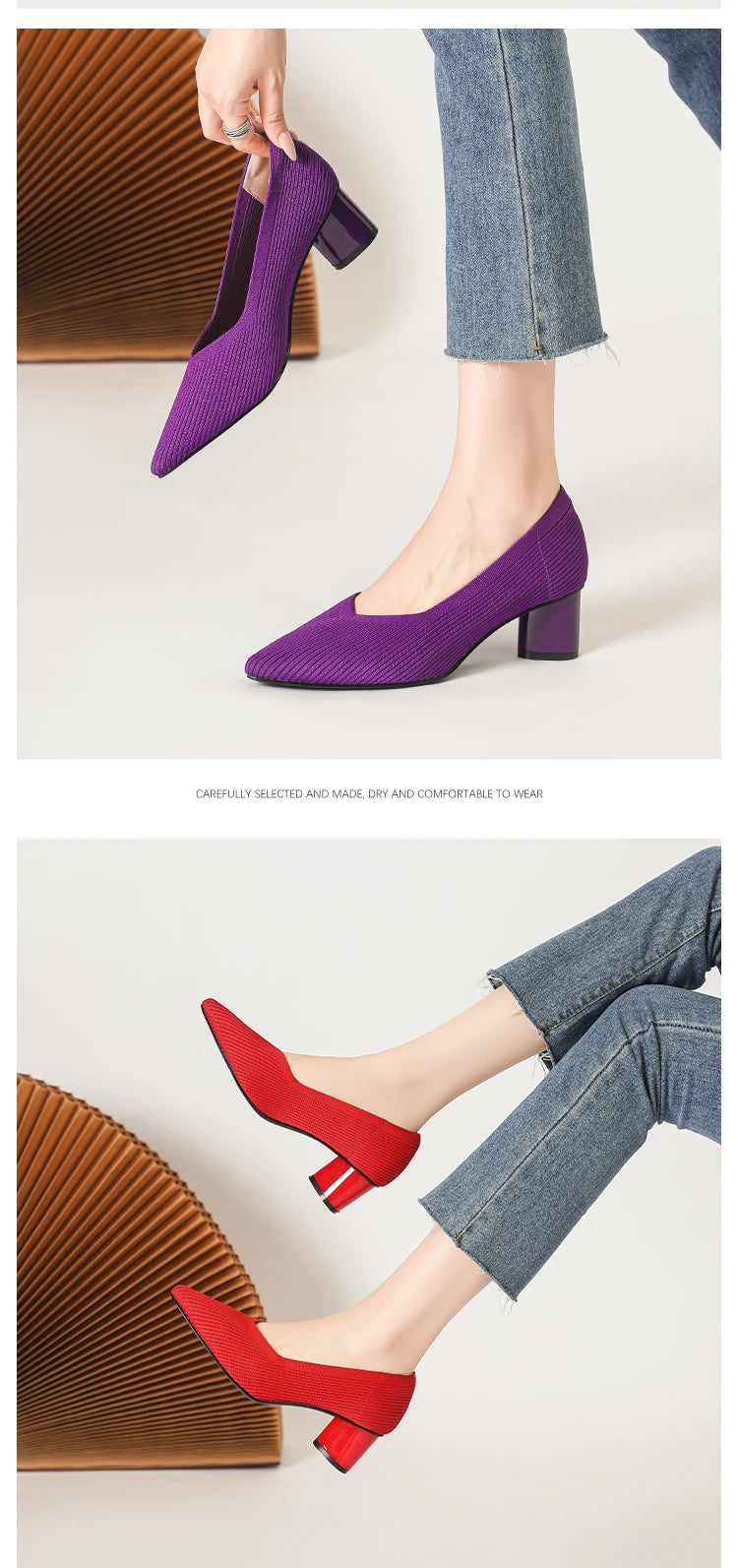 Women's high heels, pointed knit breathable and comfortable shoes (5cm high), new for autumn 2024