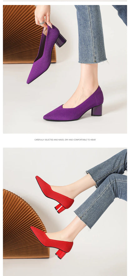 Women's high heels, pointed knit breathable and comfortable shoes (5cm high), new for autumn 2024