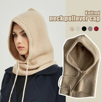 Knitted Soft Women Balaclava Hat Fashion Fake Collar Hooded Hat Neck Collar Warmer Beanies Cap Ear Protection Bonnet Hooded Caps