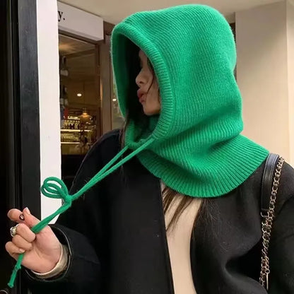 Knitted Hooded Caps Winter Balaclava Hats Women Outdoor Warmer Drawstring Hats One-piece Neck Collar Beanies Cap