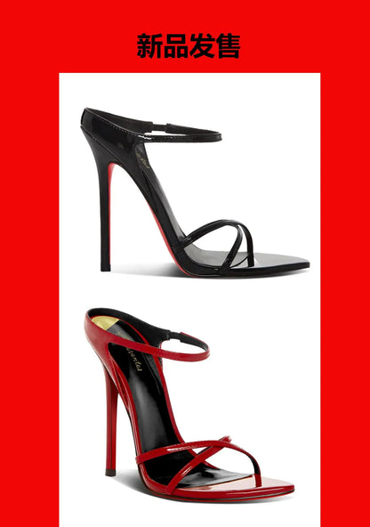 Red pointed high-heeled shoes for women 2025, new slim heel patent leather French sexy plus size black professional single shoes