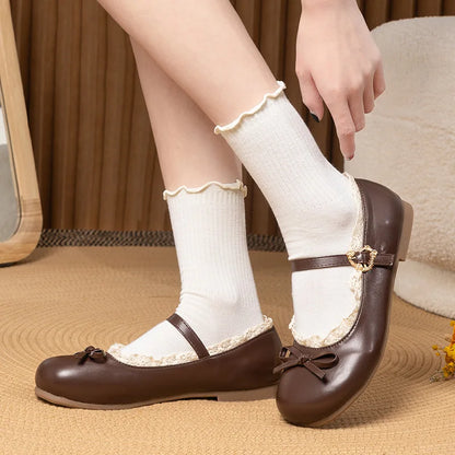 Spring Autumn Pink White Mary Janes Flat Shoes Woman Round Toe Buckle Strap Lolita Girls Student Ballet Flats Plus Size