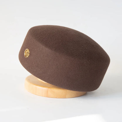 Women Wool Felt Berets Hat Vintage Hard Top Concave Top Fedoras Hats Wedding Fascinator Hats Wedding Cocktail Party Pillbox Cap