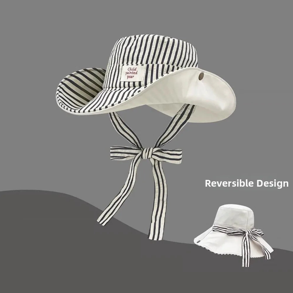 Retro Wide Brim Reversible Bucket Hat UV Protection Breathable Striped Sun Hat Windproof Foldable Fishmen Hat Vacation