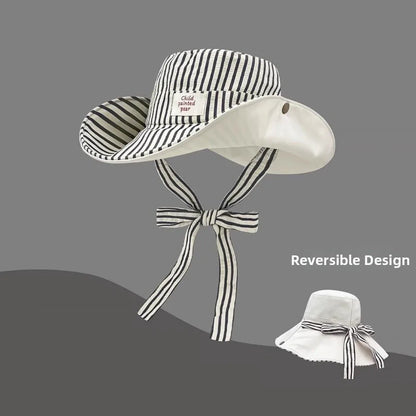 Retro Wide Brim Reversible Bucket Hat UV Protection Breathable Striped Sun Hat Windproof Foldable Fishmen Hat Vacation
