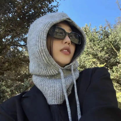 Knitted Soft Women Balaclava Hat Fashion Fake Collar Hooded Hat Neck Collar Warmer Beanies Cap Ear Protection Bonnet Hooded Caps