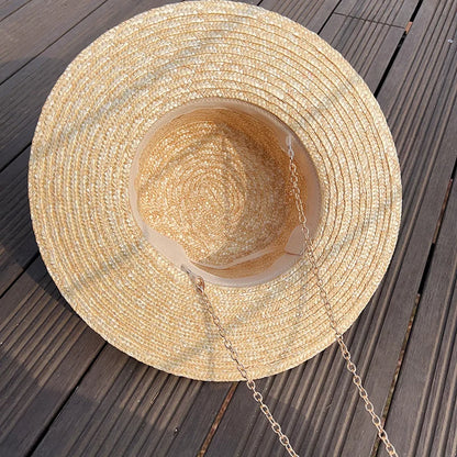 2025 New European American Fashion Design Natural Straw Hat Female Handmade Letter Sun Hat Metal Chain Sunshade Designer Hat
