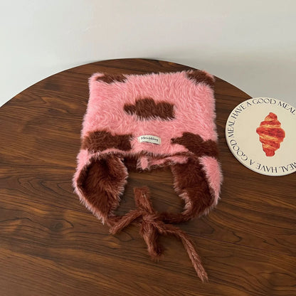 Winter Mink Velvet Fur Beanies for Women Men Cute Bear Ear Knitted Hat Crimped Straps Pullover Hat Hoody Balaclava Mom Gift