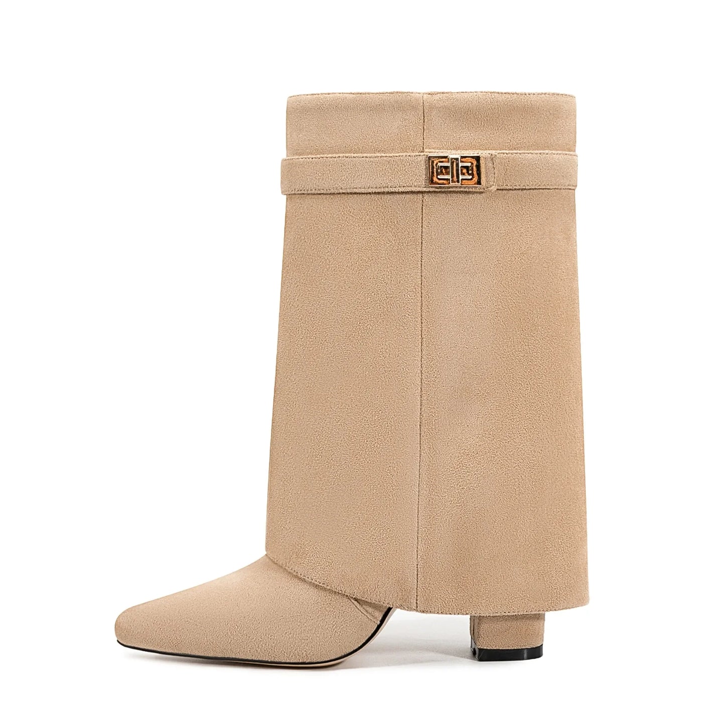 Autumn Winter New Pointed Metal Buckle Knee High Women's Boots, Thick High-heeled Pants Boots, Fashionable Mid Leg Boots