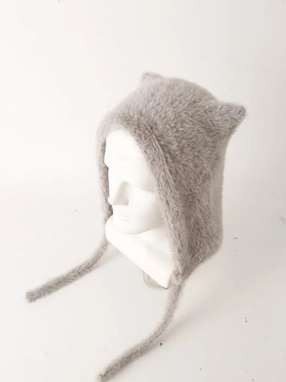 Winter Mink Velvet Fur Beanies for Women Men Cute Bear Ear Knitted Hat Crimped Straps Pullover Hat Hoody Balaclava Mom Gift