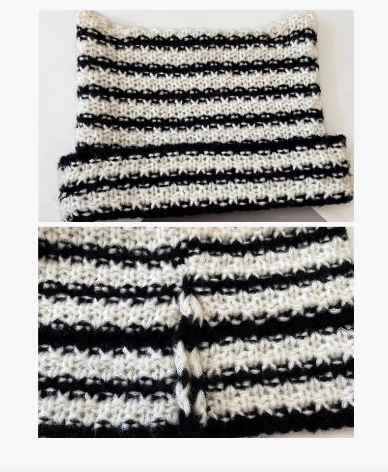 New Japanese Streetwear Harajuku Beanie Little Devil Striped Knitted Hat Women Girls Autumn Winter Cute Cat Ears Cap