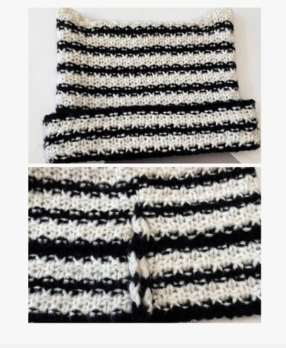 New Japanese Streetwear Harajuku Beanie Little Devil Striped Knitted Hat Women Girls Autumn Winter Cute Cat Ears Cap