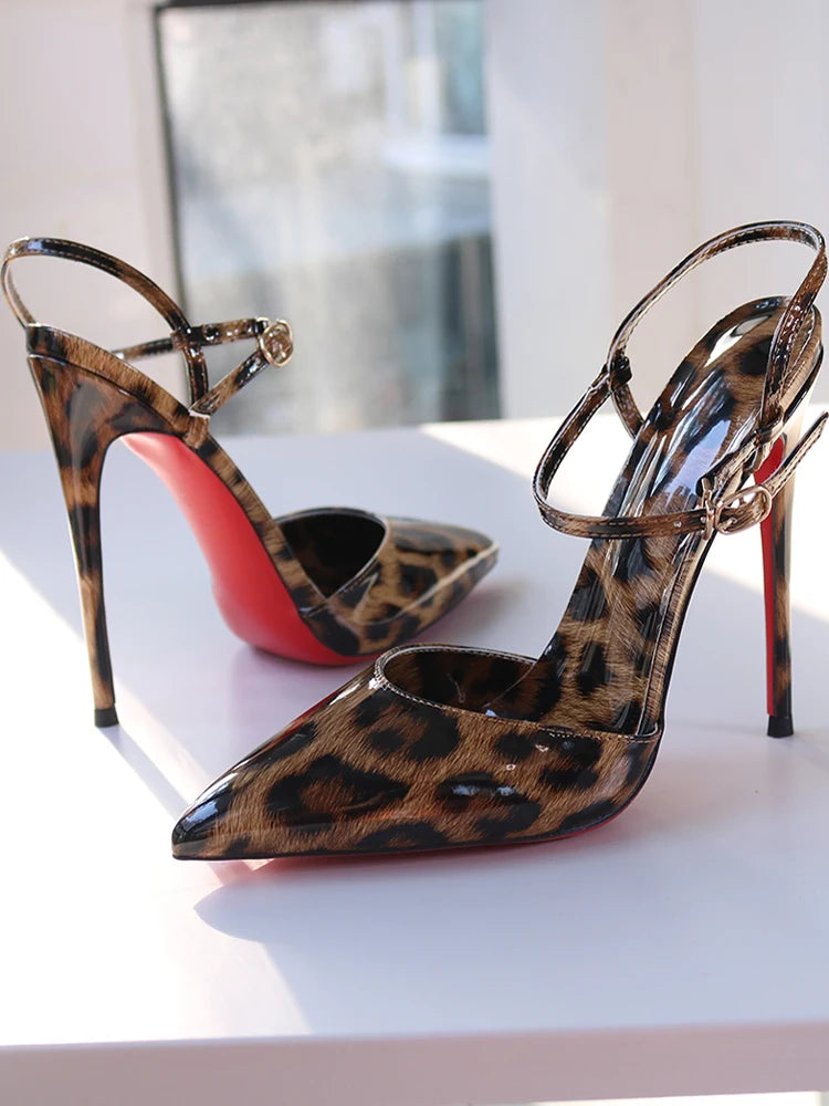 Red Background Leopard Print High-heeled Sandals with A Straight Buckle Thin Heel Pointed Toe Fashionable and Sexy Big Size 12CM