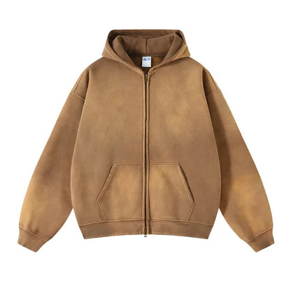 Men's Zip Up Hoodies Tie Dye Washed Double Oversize Cardigan Sweatshirt Loose Plus Plush Gradient Man Hooded Pullovers Winter
