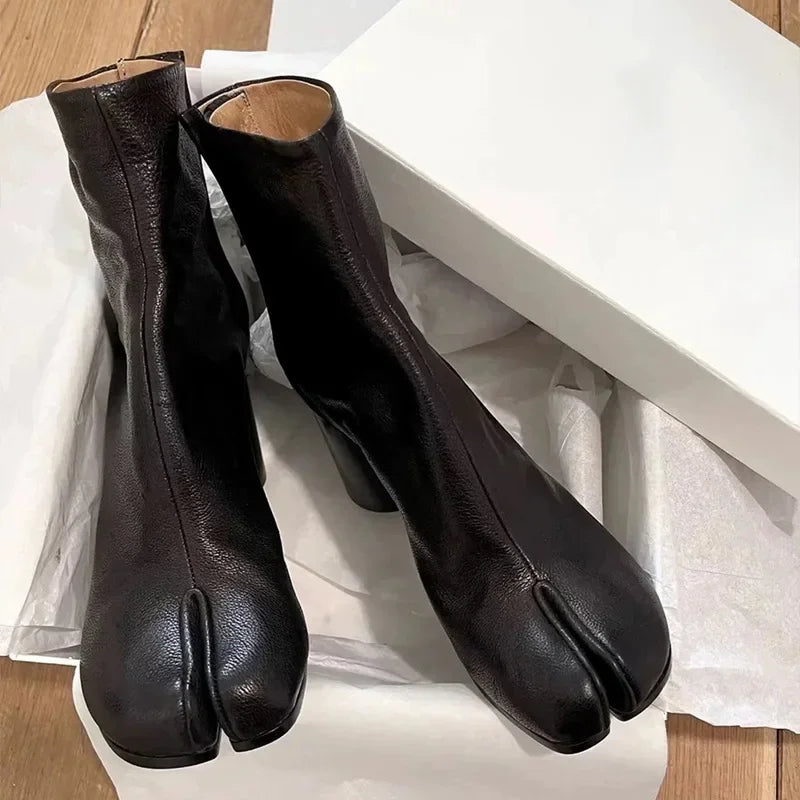 Luxury Brand Design Leather Tabi Boots Fashion Round Chunky High Heel Ankle Boots For Women Autumn Winter Split Toe Shoes