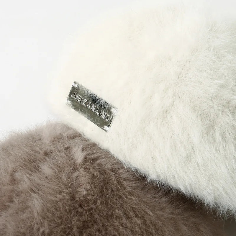 Women Reversible Rabbit Fur Beret Winter Warm Double Sided Knit Hat Retro Painter Cap for Oval Round Face