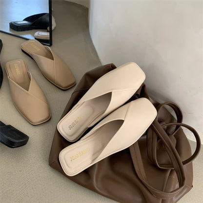 Women Shoes Mules Designer Square Toe 2025 Autumn Ladies Fashion Slippers New Slides Female Outside Beach Big Size Casual Basic