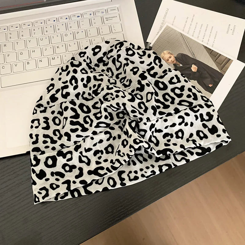 American Leopard Print Pullover Short Brim Stacking Hat Women's Spring and Summer Personality Big Head Thin Skull Beanie Cap