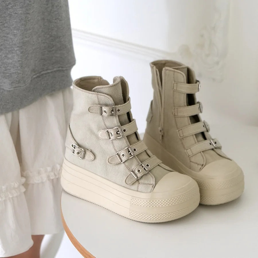 2024 Spring and Autumn New Thick soled Short tube Canvas Boots French Casual Breathable Buckle Fashion Women's Single Shoes