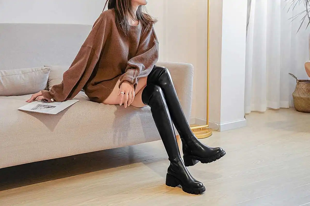 Krazing Pot Big Size Cow Leather Stretch Over-the-knee Boots Platform Round Toe High Heels Winter Women Warm Thigh High Boots