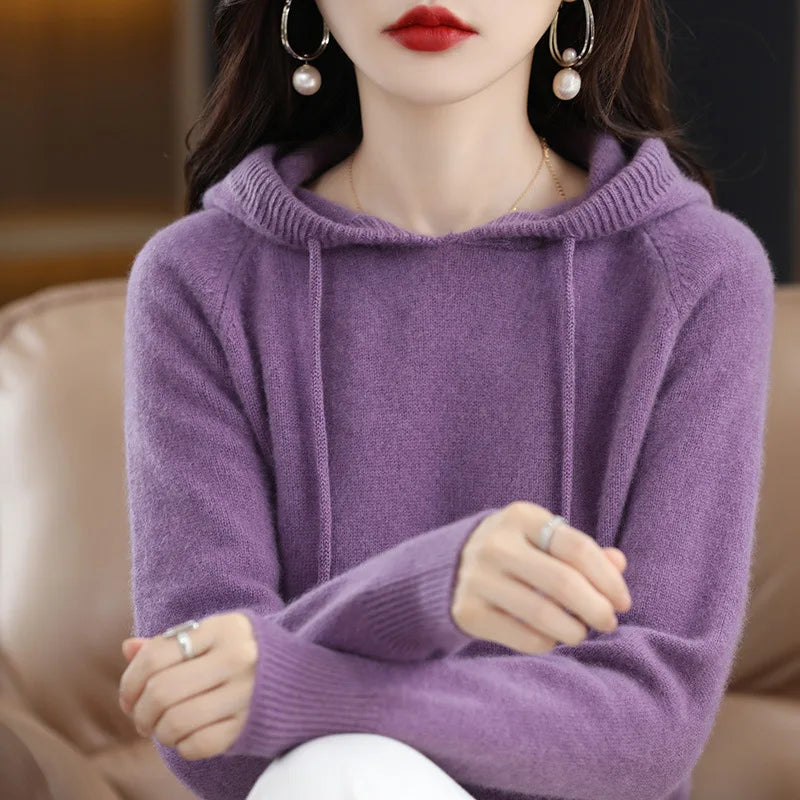 Hooded Sweater Fashion Women Autumn Winter Long Sleeve Solid Color Knitted Hoodies Lady Loose Drawstring Casual Pullover Hoodie