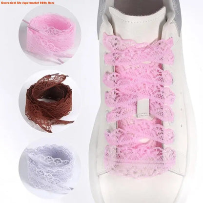 E06E 1 Pair Lace Shoelaces for Women and Girls 3CM Wide Flat Design Shoestrings Laces for Sneakers and Casual Wear Shoes