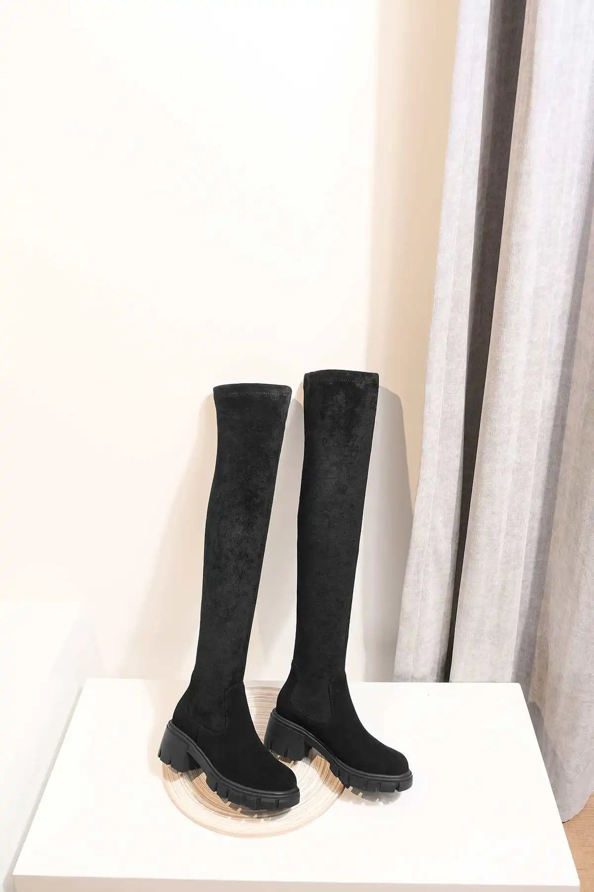Krazing Pot Big Size Cow Leather Stretch Over-the-knee Boots Platform Round Toe High Heels Winter Women Warm Thigh High Boots