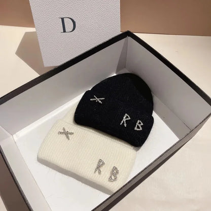 New Real fashion rabbit hair diamond letter hat Women's Winter warm knit hat Designer women's casual hat ski hat