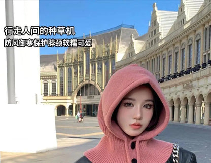 Knitted Hooded Caps Winter Balaclava Hats Women Korean Style Outdoor Warmer Drawstring Hats One-piece Neck Collar Beanies Cap
