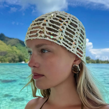 2026 New Korean Version Y2K Sequined Hollow Pullover Hat Women Summer Fishnet Knitted Hood Shiny Beanie Seaside Crochet Hat