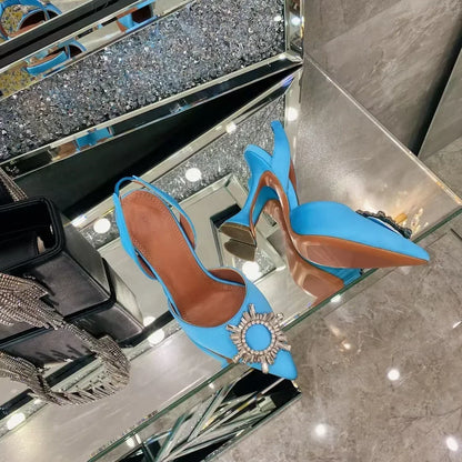 2026 Spring Autumn EU US Satin Slingback Women Sandals Pointed Flared Heels Sun Rhinestone Crystal Wedding Party Dress Heels