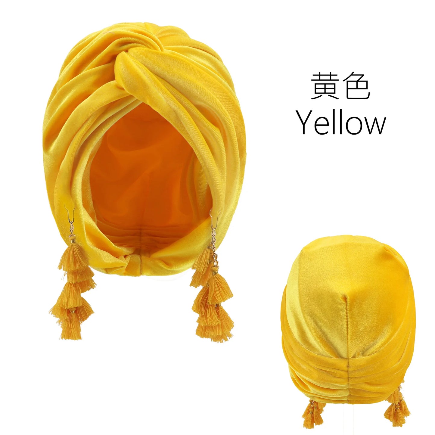 New Muslim Women Velvet Tassel Turban Hat Soft Stretch Bohemian Cross Pullover Bandana Headband Beanie Cap Islamic Head Wrap