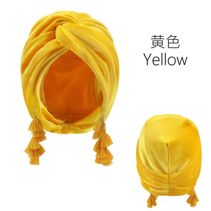 New Muslim Women Velvet Tassel Turban Hat Soft Stretch Bohemian Cross Pullover Bandana Headband Beanie Cap Islamic Head Wrap