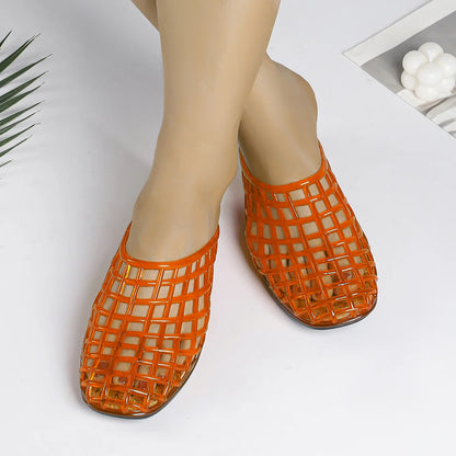 2025 Women's New Flat Slippers with Hollow PVC Breathable Summer Outerwear Baotou Bag and Casual Jelly Slippers