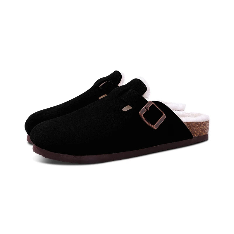 Comwarm Fur Lined Clogs For Women Men Winter Fuzzy Cork Slippers Fur Cork Mules Short Plush House Cork Shoes Winter zuecos mujer