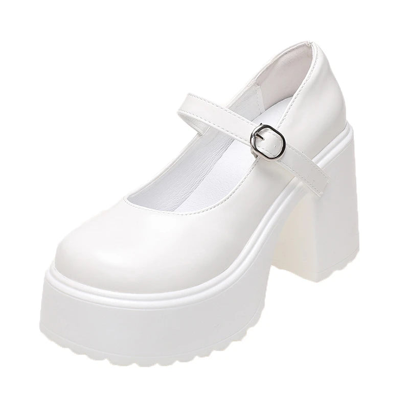 Chunky Platform High Heels Pumps Women 2023 Autumn Pu Leather Ankle Buckle Mary Jane Shoes Woman Thick Heeled White Lolita Shoes