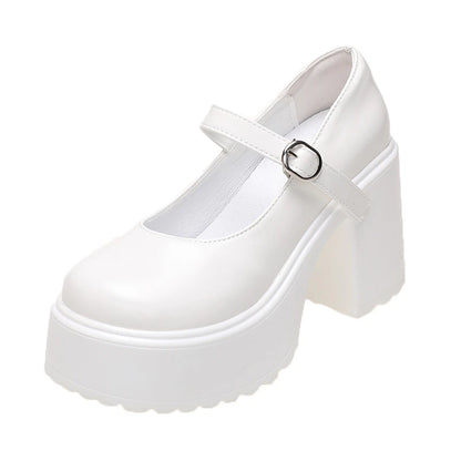 Chunky Platform High Heels Pumps Women 2023 Autumn Pu Leather Ankle Buckle Mary Jane Shoes Woman Thick Heeled White Lolita Shoes