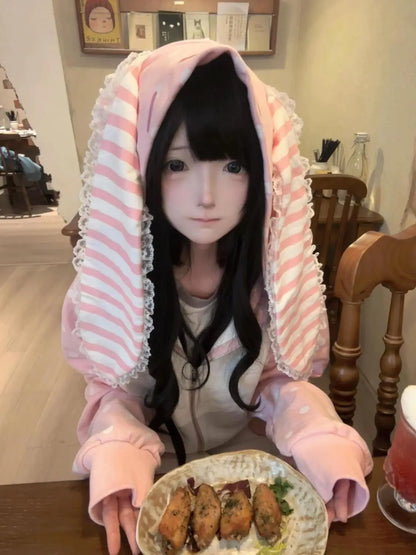 Japanese Kawaii Rabbit's Ears Hoodies Loose Polka Dot Patchwork Women Grunge Hoody Y2k Aesthetic Fairy Strawberry Sweatshirt