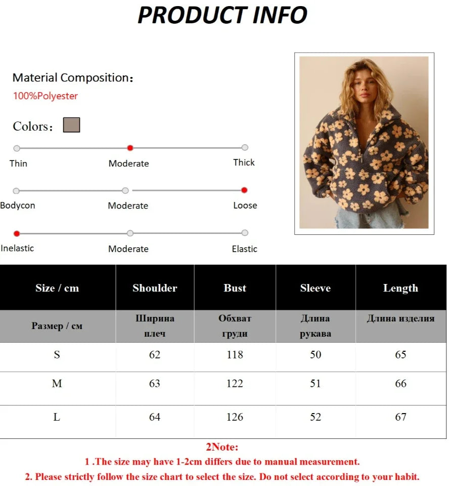 Wolfeel New Autumn Winter Women's Sherpa Floral Pullover Hoodies Half Zip Style Loose Fit Warm Stylish Sweatshirt