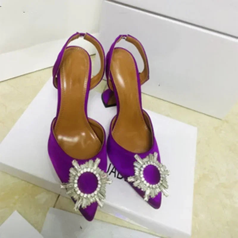 2026 Spring Autumn EU US Satin Slingback Women Sandals Pointed Flared Heels Sun Rhinestone Crystal Wedding Party Dress Heels
