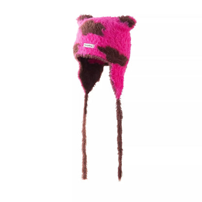 Winter Mink Velvet Fur Beanies for Women Men Cute Bear Ear Knitted Hat Crimped Straps Pullover Hat Hoody Balaclava Mom Gift