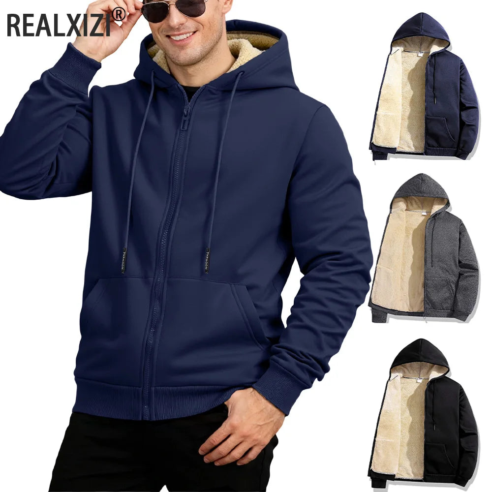 Winter Lambswool Zipper Hoodies Thicken Warm Jackets Long Sleeve Sweatshirts Casual Sports Fleece Black Coats Hooded Men Coat To