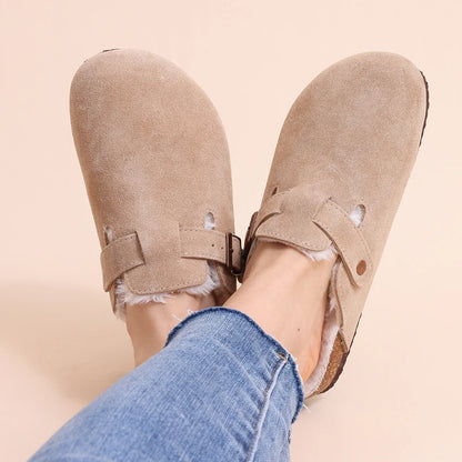 Comwarm Fur Lined Clogs For Women Men Winter Fuzzy Cork Slippers Fur Cork Mules Short Plush House Cork Shoes Winter zuecos mujer