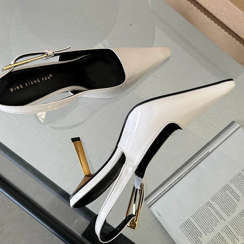 SUOJIALUN 2024 Spring New Band Women Pumps Shoes Fashion Shallow Slip On Slingback Sandals Thin High Heel Dress Sexy Pumps Shoes