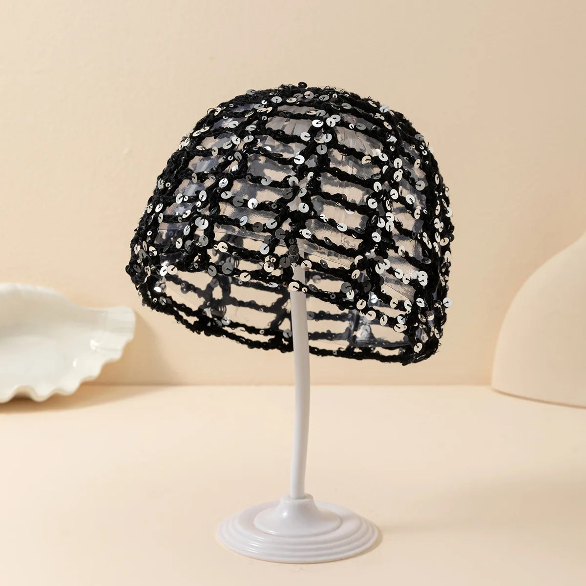 2026 New Korean Version Y2K Sequined Hollow Pullover Hat Women Summer Fishnet Knitted Hood Shiny Beanie Seaside Crochet Hat