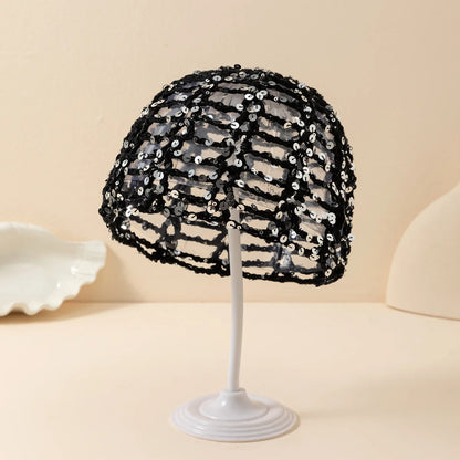2026 New Korean Version Y2K Sequined Hollow Pullover Hat Women Summer Fishnet Knitted Hood Shiny Beanie Seaside Crochet Hat
