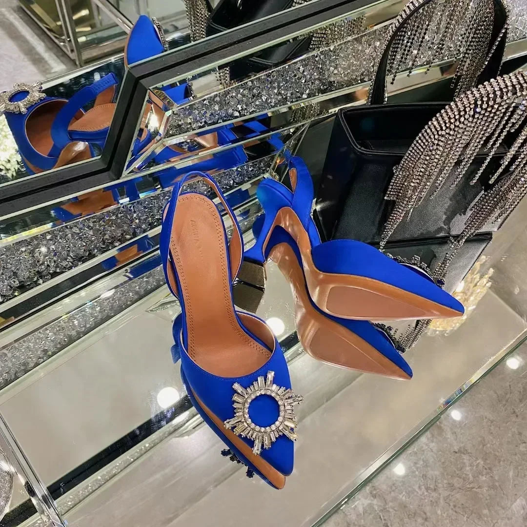 2026 Spring Autumn EU US Satin Slingback Women Sandals Pointed Flared Heels Sun Rhinestone Crystal Wedding Party Dress Heels