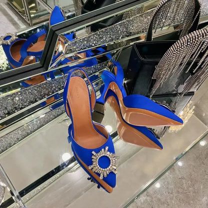 2026 Spring Autumn EU US Satin Slingback Women Sandals Pointed Flared Heels Sun Rhinestone Crystal Wedding Party Dress Heels