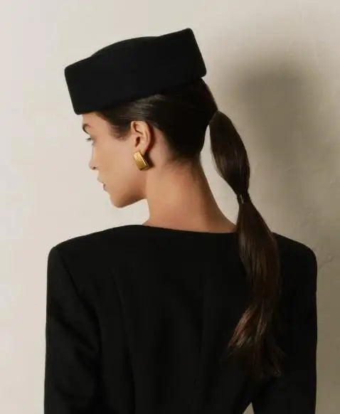 Women Wool Felt Berets Hat Vintage Hard Top Concave Top Fedoras Hats Wedding Fascinator Hats Wedding Cocktail Party Pillbox Cap